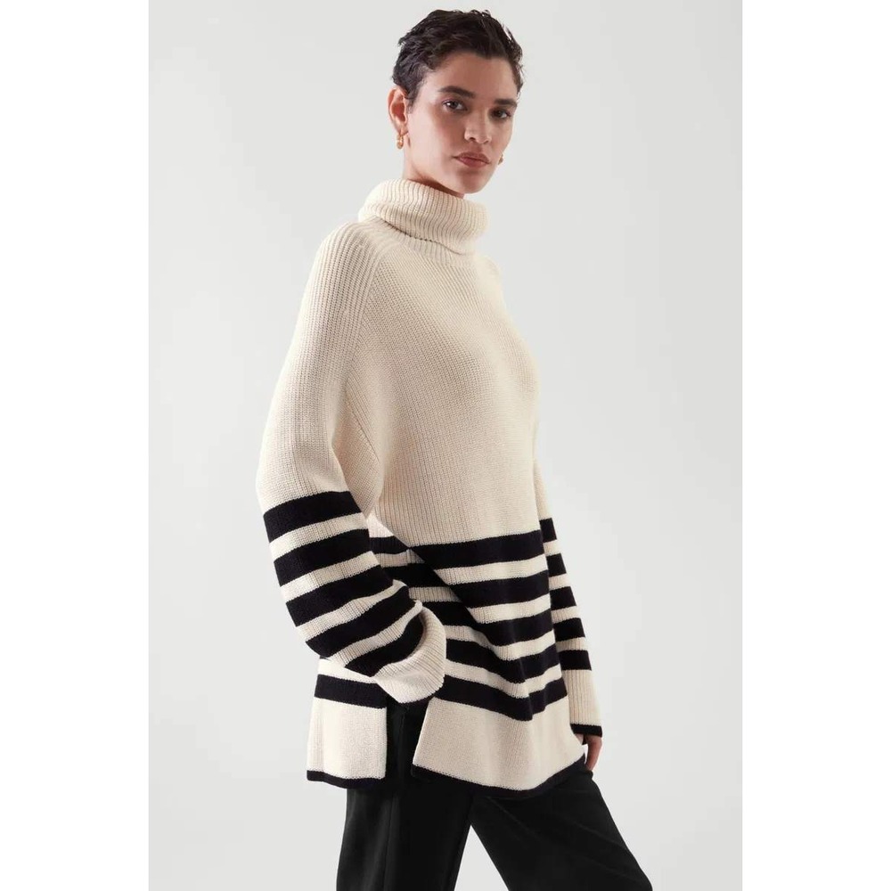 COS Roll Neck Striped Jumper Size S White Black Wool Blend Turtleneck Oversized